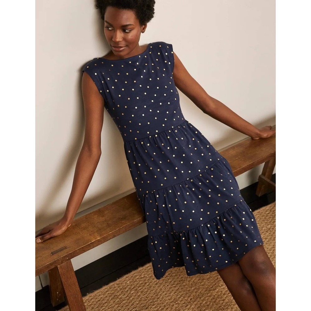 Boden Romaine Navy Gold Polka Dot Tiered Jersey Dress US 12L